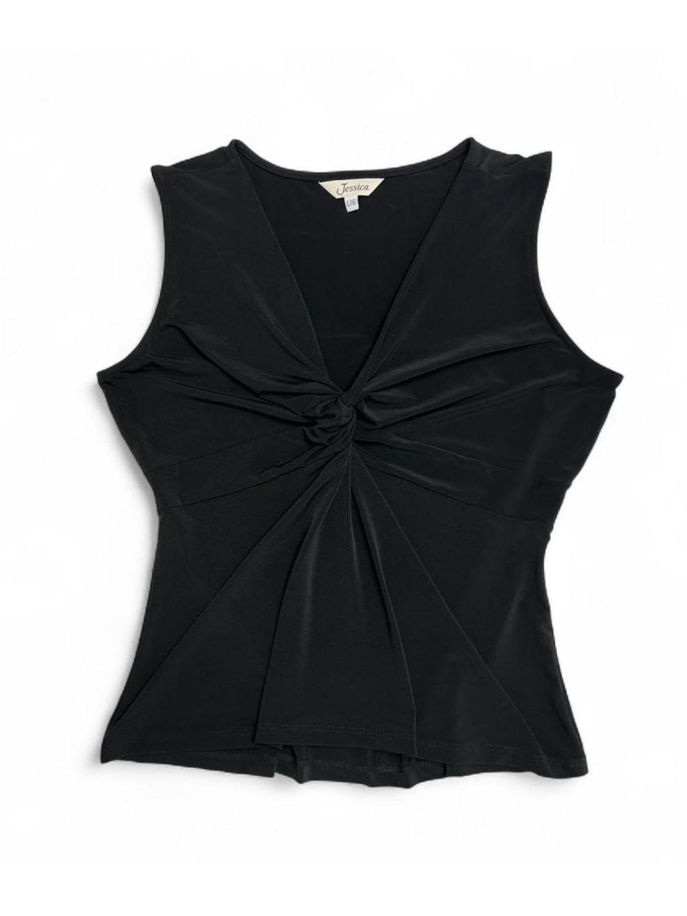 Vintage 90s Jessica Black V-Neck Twist Front Opaque Mesh Sleeveless Top